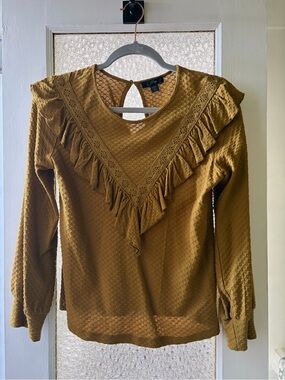 J. Crew Mustard Textured Ruffle V-Yoke Long Sleeve Top - XXS